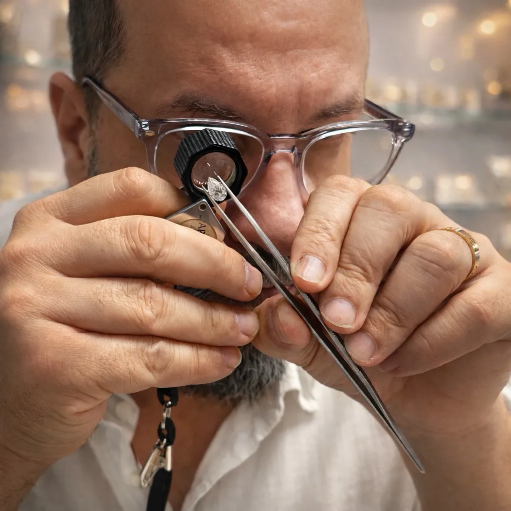 Luc examinant un diamant à la loupe